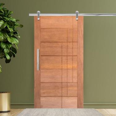 Imagem de Porta de Correr Completa BBB 3 Frisos em Madeira Maciça Cedro Arana - 