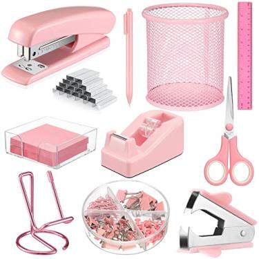 Imagem de Pacote com 12 acessórios de mesa rosa conjunto de materiais de escritório inclui grampeador, grampeador, tesoura rosa, removedor de grampos, fita adesiva, clipes de caneta esferográfica, suporte para notas, suporte para telefone, régua, suporte para caneta