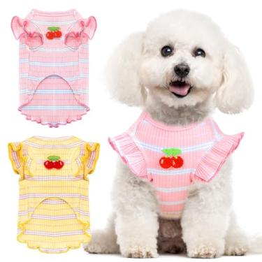 Imagem de XGDMEIL Pacote com 2 camisetas listradas para cães pequenos com estampa de cereja para cães pequenos e gatos Breatha ble, algodão macio, sem mangas, para primavera e verão (rosa + amarelo, grande)