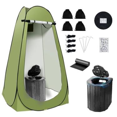 Imagem de Kit de banheiro de acampamento com barraca de privacidade pop-up, vaso sanitário dobrável grande para adultos, tendas de chuveiro de acampamento ao ar livre, vestiário com bolsa de transporte (verde)