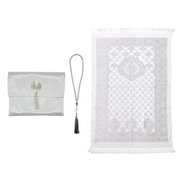 Imagem de Anlising Tapete de Oração Muçulmano com Contas de Oração e Bolsa de Tecido, Tapete de Oração Islâmico, Dobrável, Cinza, 110 cm x 70 cm