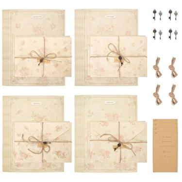 Imagem de LELE LIFE Conjunto de papel e envelopes florais vintage, 4 designs de papelaria com forro antigo envelhecido para kit de escrita de cartas, papel velho de dupla face pesado 150GSM para cartões