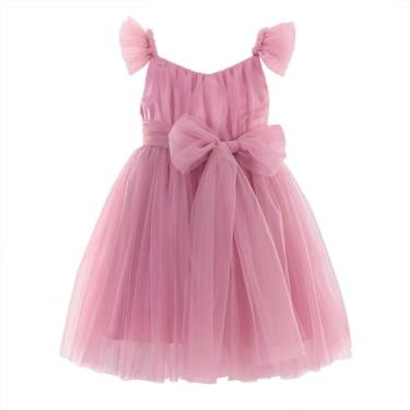 Imagem de Flofallzique Vestido tutu infantil verão manga esvoaçante bebê festa de aniversário meninas vestido de tule para 1-6 anos, Rosa empoeirada, 1 ano