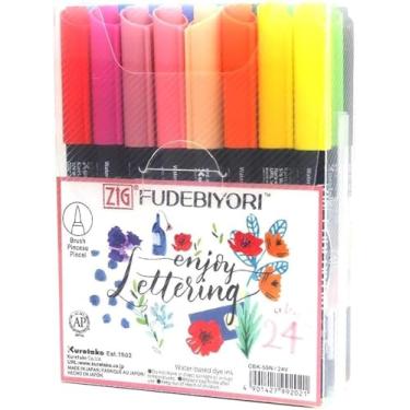 Imagem de Kuretake Conjunto de canetas pincel ZIG FUDEBIYORI com 24 cores, certificadas pela AP, inodoras, sem xileno, ponta rígida flexível, eficaz para detalhes e espaços maiores, qualidade profissional,