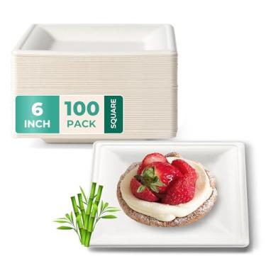 Imagem de [Pacote com 100] Placas de bagaço biodegradáveis quadradas de 15,24 cm x 15,24 cm – Compostável de cana de açúcar para micro-ondas ecológica 100% natural e sem plástico