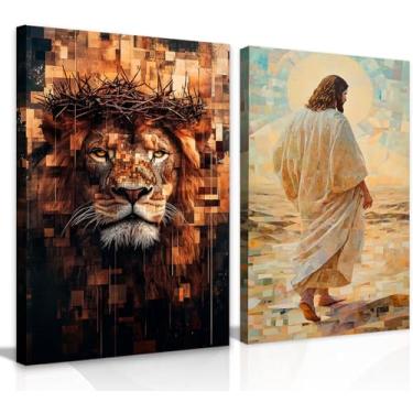 Imagem de Kit 2 Quadros Decorativos Canvas 60x90 cm, Jesus Leão De Judá, Arte Para Quarto, Sala, Corredor