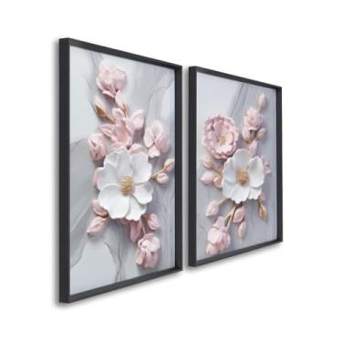 Imagem de Quadro Decorativo Floral em Dueto Pinturas de Flores Tons Rosa e Branco (Preto, 50x75, C/Vidro)