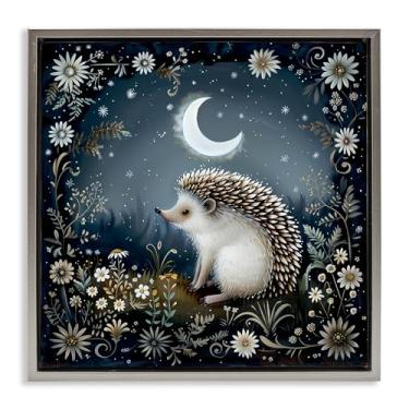 Imagem de Stupell Industries Hedgehog Under Forest Moon Framed Floater Canvas Wall Art Design by The Dutch Lady, Moldura Flutuante Cinza, 63 x 63 cm