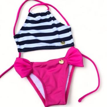 Imagem de biquini infantil cropped e calcinha drapeada,listra marinho e branco -