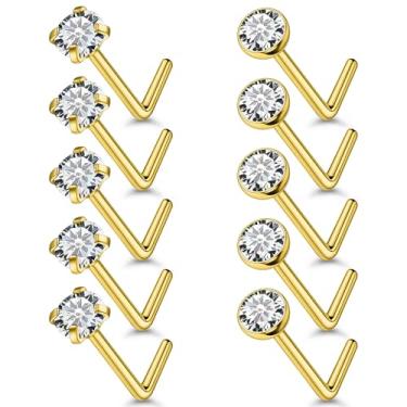 Imagem de Qiwnswoy 10 peças de piercing de nariz de aço cirúrgico/titânio brincos de nariz em forma de L CZ sem piercing corporal joias para mulheres 22g/20g/18g, Metal Cristal, Zircônia cúbica