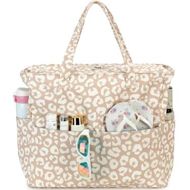 Imagem de LEDAOU Bolsa feminina grande para praia, impermeável, à prova de areia, com zíper, para piscina, academia, mercearia, viagem, com bolso molhado, Estampa de leopardo branco - marrom, Large
