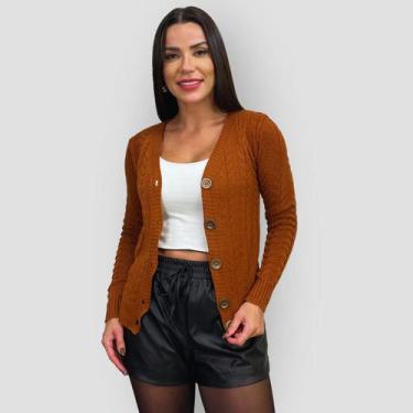 Imagem de Blusa Tricô Feminina Cardigan Trançado Botão Suéter Gola V - GIP, Terr