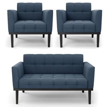 Imagem de Sofá Namoradeira E 2 Poltronas Base Madeira Preto Ana Suede Azul Marinho - Ibiza