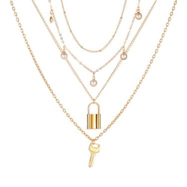 Imagem de ONLYJUMP Colares femininos empilhados com cadeado preto, corrente de coração, grunge, em camadas, grosso, elegante, minimalista, joia com pingente, Large, Zinco, Sem Pedra Preciosa