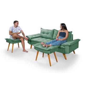 Imagem de Sofá Bariloche 3 Lugares com 2 Banquetas, Tecido Linho, 2 Metros Essencial Estofados (Verde)