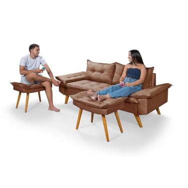 Imagem de Sofá Bariloche 3 Lugares com 2 Banquetas, Tecido Linho, 2 Metros Essencial Estofados (Marrom)