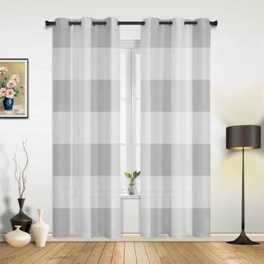 Imagem de Cortinas blecaute xadrez cinza branco búfalo 203 cm comprimento 2 painéis, cortina de janela superior xadrez rústica para sala de estar/quarto, cortinas geométricas modernas com isolamento térmico