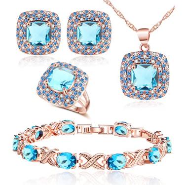 Imagem de Conjunto de joias para mulheres, colar de strass de zircônia cúbica, clipes de anel, conjunto de pulseiras, brincos e pulseiras, presente de noivado para esposa, namorada, melhor amiga, 4.6x3.5 x1.3 inches, Platina Ouro rosa Ouro amarelo, Zircônia cúbica