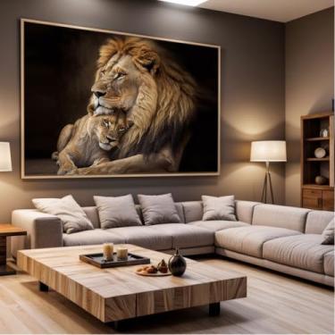 Imagem de Quadro Decorativo com Moldura Sala 40x60 Leão Leoa Família Luxo Grande Horizontal