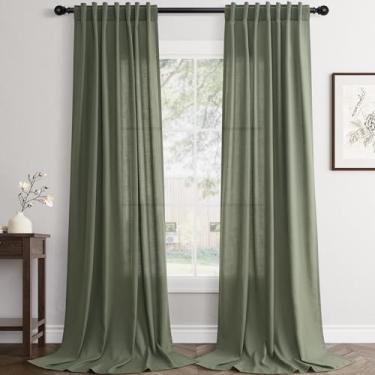 Imagem de Cortinas de linho verde-oliva 274 cm de comprimento, conjunto com 2 painéis, cortinas modernas para sala de estar, cortina semitransparente, privacidade, 274 cm de comprimento