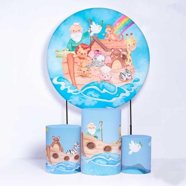Imagem de Kit Painel de Festa Redondo de 1,30m e Trio de Cilindros Arca de Noé - Fera Print