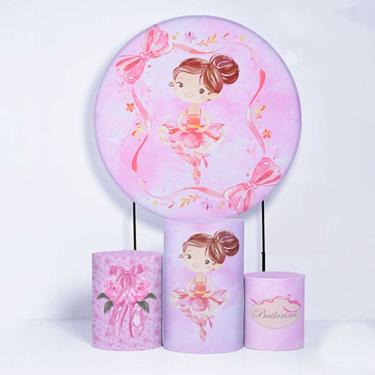 Imagem de Kit Painel de Festa Redondo de 1,80m e Trio de Cilindros Bailarina - Fera Print