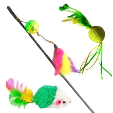 Imagem de Brinquedo para Gato Interativo, Combo com 3 Brinquedos Alivia Estresse e Ansiedade, 1 Varinha 1 Ratinho 1 Bolinha com Pena.