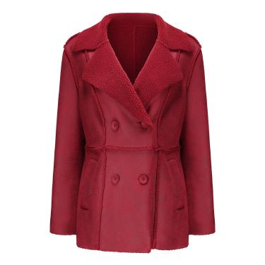 Imagem de Jaqueta De Camurça Falsa Para Mulheres De Couro Casaco Treh De Comprimento Médio Inverno Manga Longa Lapela Botão-down Outwear, Red, S(Bust:102cm)