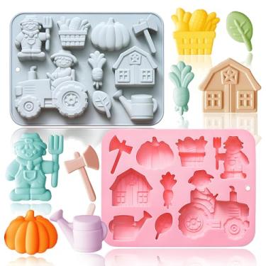 Imagem de Pacote com 2 moldes de silicone para chocolate com tema de fazenda Abóbora Trator Machado Molhador Casa Sabonete Feito à Mão 9 Cavidades Gummy Ice Cube Crayon Pastelaria Pastelaria Ferramentas para