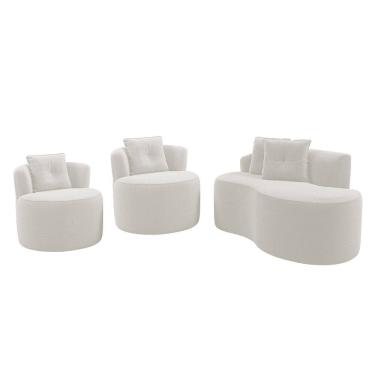 Imagem de Kit Sofá e 02 Poltronas Orgânicas Living Bob com Almofadas Bouclê Off White - Abmaza