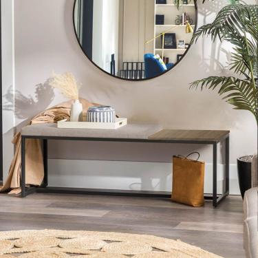 Imagem de Banco Recamier Puff 140cm Industrial Preto Suede Bege Tampo Quadrado Mdf Rústico