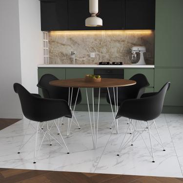 Imagem de Mesa Jantar Redonda 110Cm Amêndoa Clips 3 Pés Com 4 Poltronas Pretas Ferro Branco - Cor: Amendoa