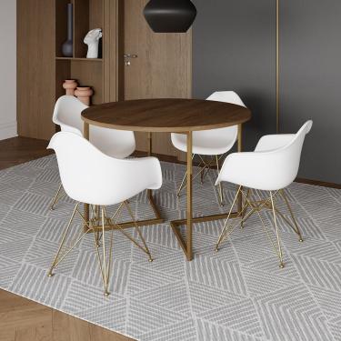 Imagem de Mesa Jantar Industrial Amêndoa 110Cm Redonda Base V C/4 Poltronas Daw Brancas Base Do Cor: Amendoa