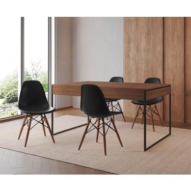 Imagem de Mesa Jantar Industrial Retangular Filadélfia Amêndoa 137X90Cm Base Ferro Preto Com 4 Cadeiras Pretas