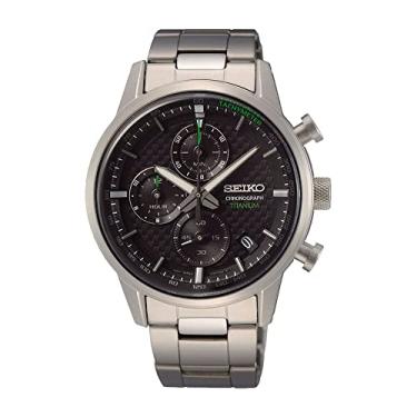 Imagem de Seiko Relógio masculino de quartzo de titânio com pulseira de aço inoxidável, Preto, Cronógrafo
