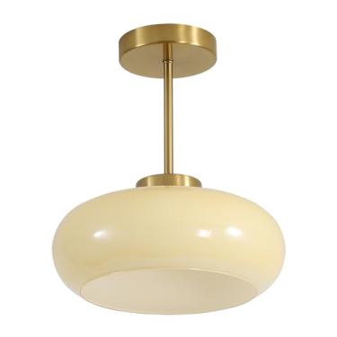 Imagem de BOKT Luminária De Teto Semi-Embutida Grande Vidro Amarelo, Cúpula Latão Antigo, Próxima A Vintage, Lâmpada Escolar Creme, Bc1125-Y