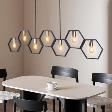 Imagem de YEHKHEY Luminárias Pendentes Para Ilha De Cozinha, 7 Luzes Sala Jantar Sobre A Mesa, Lustre Industrial Com Altura Ajustável, Mesa Sinuca Preta/Dourada (7 Luzes)