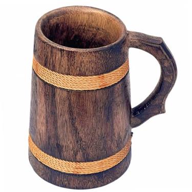 Imagem de Caneca de cerveja viking de madeira feita à mão Warrior Tankard rústico medieval Ale Stein para hidromel, café ou cerveja, decoração de bar vintage e presente colecionável para homens