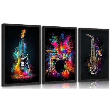 Imagem de 3 peças de arte de parede em tela de graffiti de instrumento musical, pôsteres, impressões, rock, guitarra elétrica, jazz, tambor, decoração de parede, fotos para sala de estar, quarto, decoração de