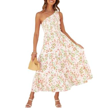 Imagem de ZESICA Vestido midi longo feminino boêmio de verão 2025 com estampa floral de um ombro só, sem mangas, franzido, babados, em camadas, Branco, rosa, G