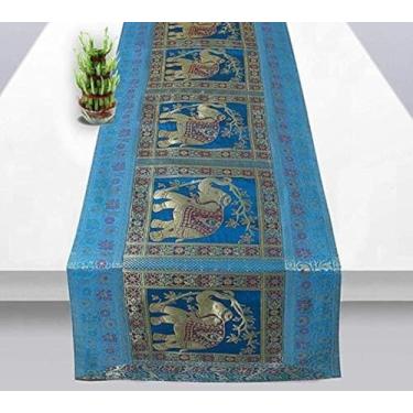 Imagem de Toalha de mesa indiana Real Online Vendedor indiano arte à mão elefante boa sorte seda toalha de mesa 152 x 40 cm cor turquesa