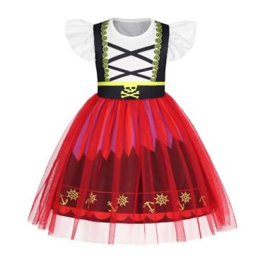 Imagem de HenzWorld Pirate Dress for Girls Pirate Costume Kids Halloween Cosplay Outfits Buccaneer Dress Up Birthday Party Dresses Size 7-8 Years Kids Halloween Carnival Christmas Costume, Red