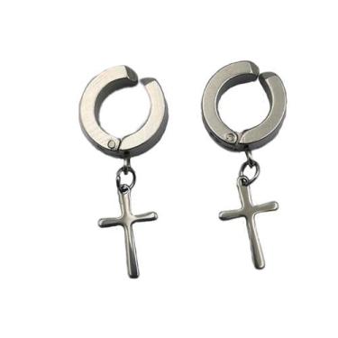 Imagem de Brinco Argola Falso Pressão Cruz Crucifixo 1 par(2un) - sem, Prateado