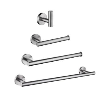 Imagem de Conjunto de banheiro preto cromado - Toalheiro redondo de aço inoxidável com ganchos para papel higiênico - Kit de ferragens para montagem em parede, aço inoxidável, conjunto de 4 peças
