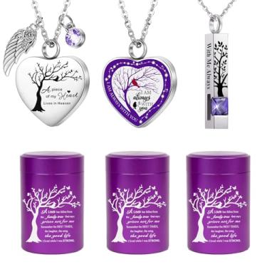 Imagem de RIPFEVURN Mini urnas pequenas para lembrança de cinzas humanas, adulto, feminino, masculino, árvore da vida, joias de cremação, colares de urna para cinzas para mulheres e homens, conjunto de 6 (roxo)