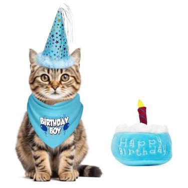 Imagem de JT PET Pacote de festa de aniversário de gato com bandana, chapéu de festa azul estrelado com elástico ajustável, borlas e acabamento de penas e brinquedo de bolo de aniversário de erva-dos-gatos,