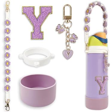 Imagem de Conjunto de monograma fofo de bota de silicone compatível com garrafa de água Owala 947 ml - Acessórios perfeitos para Owala Tumbler, Owala Free Sip, Pink Owala, Black Owala, copo de café owala (roxo