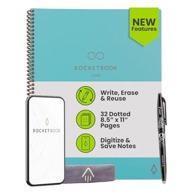 Imagem de Rocketbook Caderno espiral reutilizável New Core, tamanho carta 21 x 28, azul-petróleo - páginas pontilhadas, conectadas ao aplicativo, apagável, capa durável, ideal para escola, trabalho e projetos