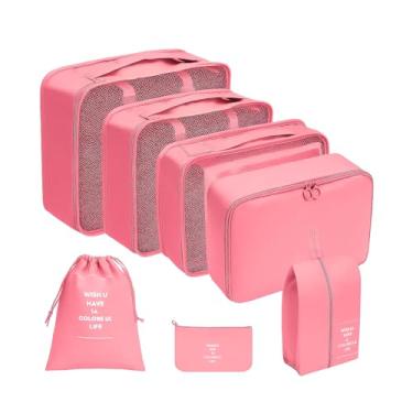 Imagem de Organizador Viagem Kit 7 Peças - Necessaire para Bagagem Malas Roupas Bolsa Cosméticos Higiene - Dobrável Impermeável Multiuso Feminina Masculina Unissex Grande Compacto Prático (ROSA)