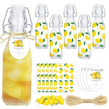 Imagem de FYSUIMU Conjunto de 20 garrafas de vidro com tampa giratória de limão de 227 g com rolhas etiquetas de etiqueta adesivas, enfeites de limão, transparente, pequena, garrafa de vidro de licor para